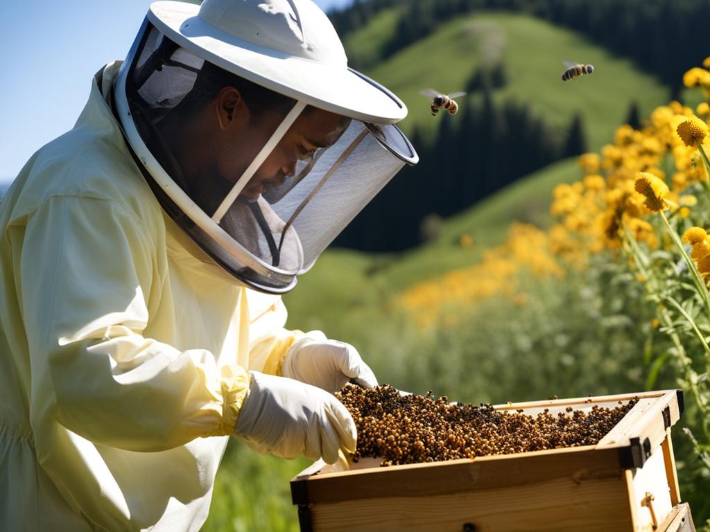 beekeeper inspecting honeybee hives