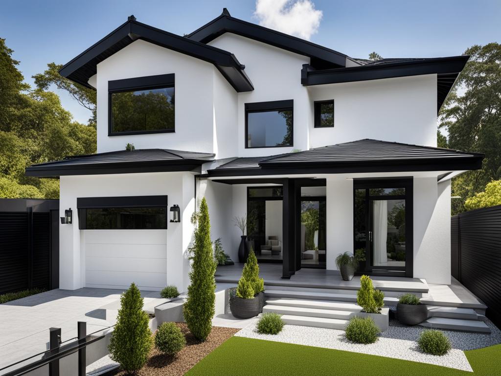 modern white house with black gutters