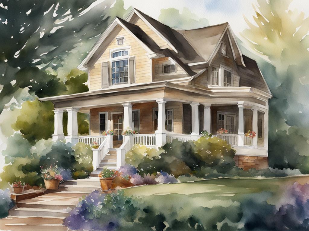 watercolor house portrait with artist's brushes
