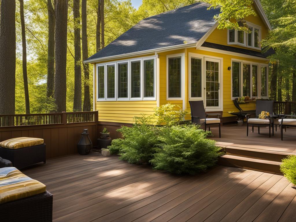 yellow house with dark brown deck